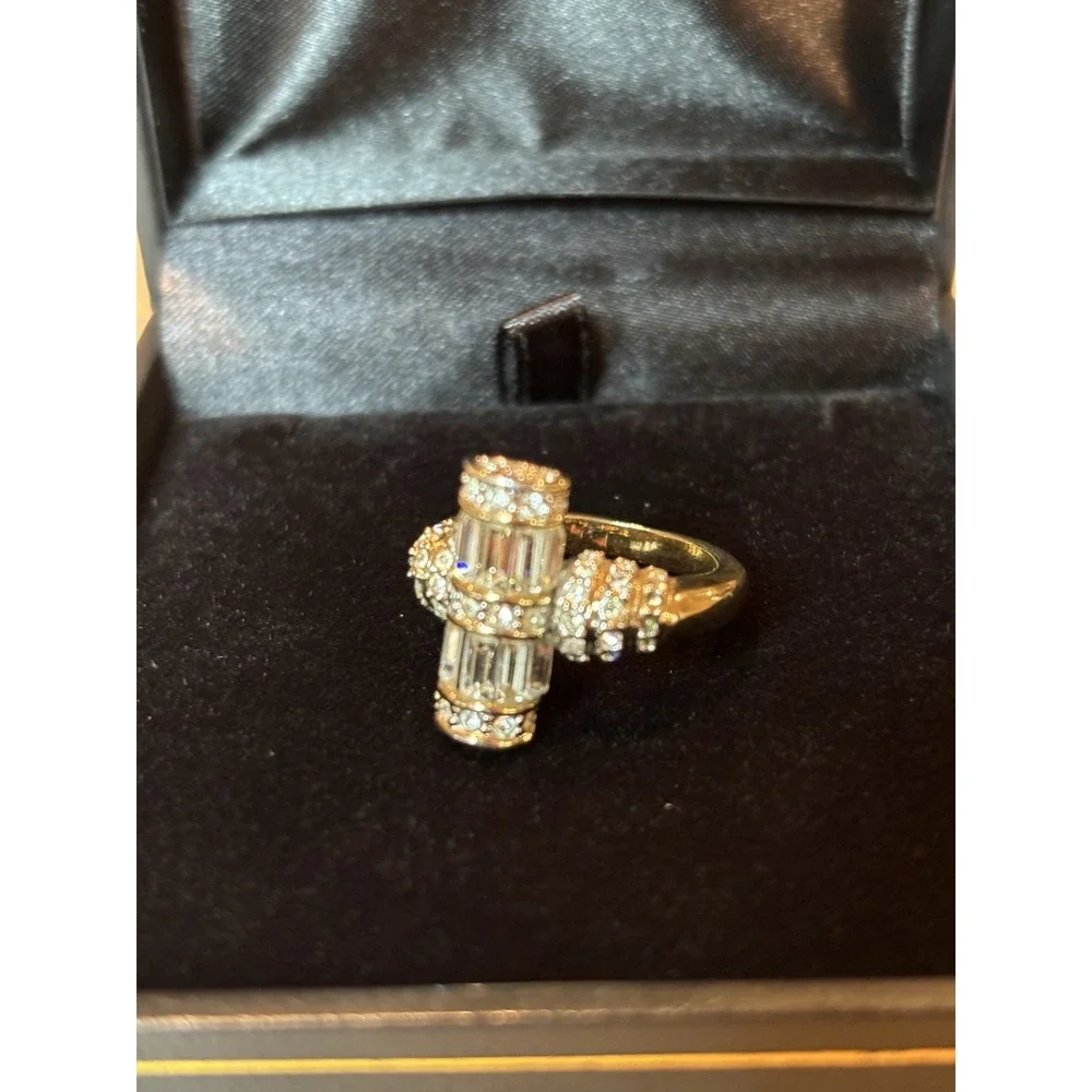 Stunning & Unique Baguette & Round Encrusted Gold Plated Ring Size 5.75 Stamped